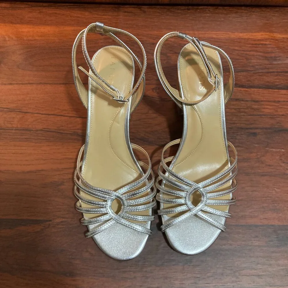 Talbots Block Heel Sandals Womens 8.5 Silver Metallic Strappy Evening Shoes